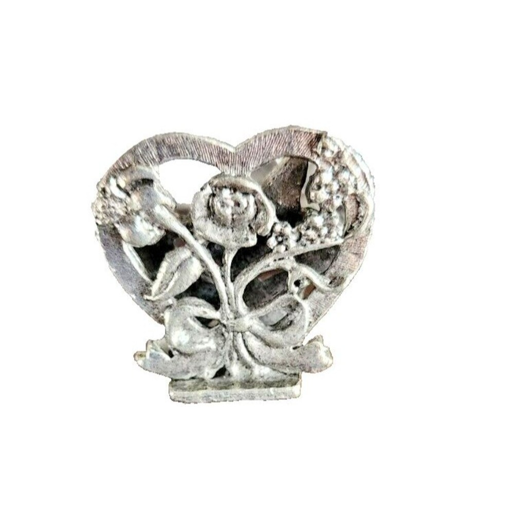 Vintage Place Card Holder Metzke Pewter Heart Flower Floral‎ Bow Ribbon 4